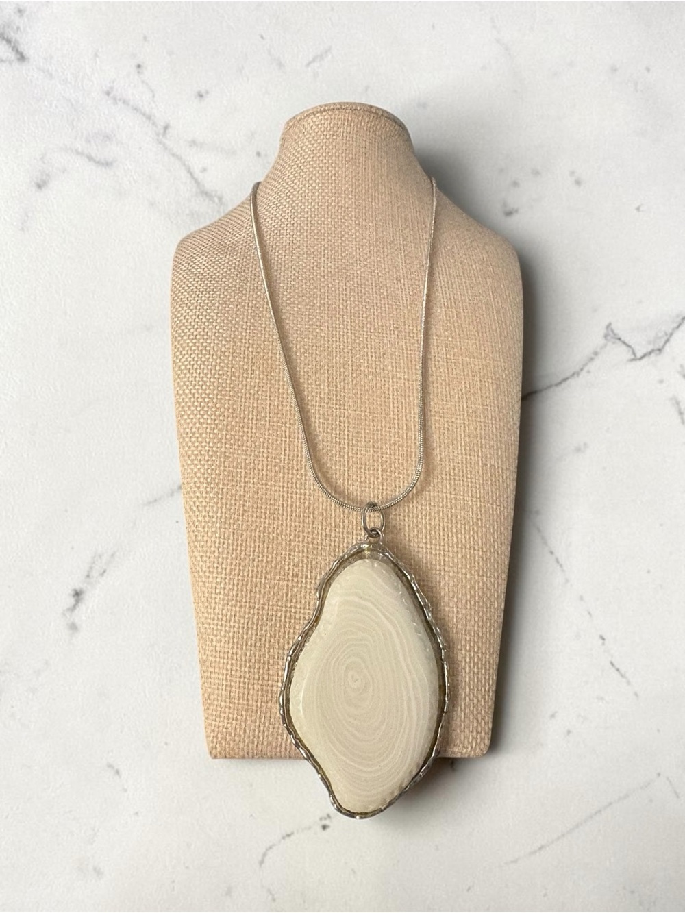 White Agate Slice Statement Pendant Necklace Silver